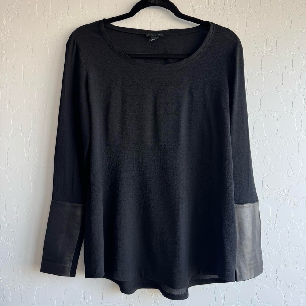 Club Monaco Black Tunic Top M Faux Leather Trim Long Sleeve Blouse Minimalist
